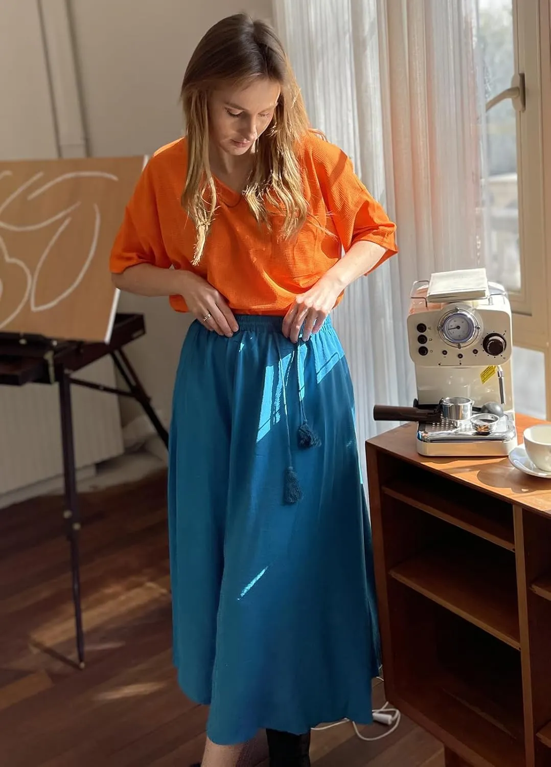 Zeagoo Womens Flowy Pleated Skirts A Line Elastic High Waisted Midi Skirt Boho Casual Long Skirts Brown Leaf Print XXL