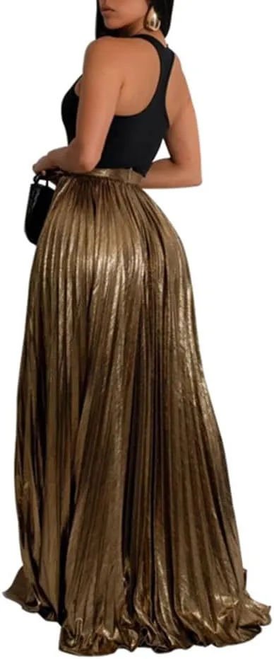 ZOCAVIA Womens 2 Piece Outfits Elegant Metallic Pleated Skirt Tank Maxi Skirts Skirt Set Sexy High Slit Sequin Long Skirt