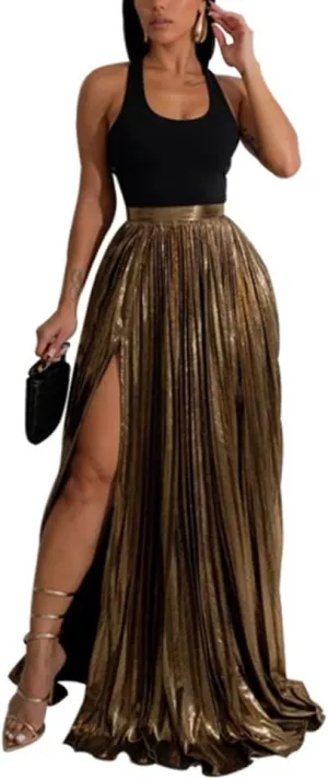 ZOCAVIA Womens 2 Piece Outfits Elegant Metallic Pleated Skirt Tank Maxi Skirts Skirt Set Sexy High Slit Sequin Long Skirt