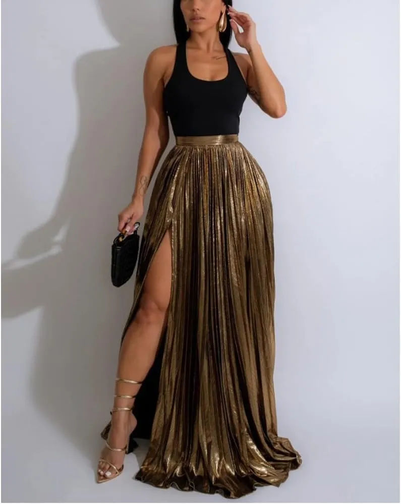 ZOCAVIA Womens 2 Piece Outfits Elegant Metallic Pleated Skirt Tank Maxi Skirts Skirt Set Sexy High Slit Sequin Long Skirt
