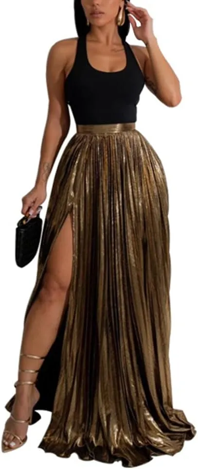 ZOCAVIA Womens 2 Piece Outfits Elegant Metallic Pleated Skirt Tank Maxi Skirts Skirt Set Sexy High Slit Sequin Long Skirt