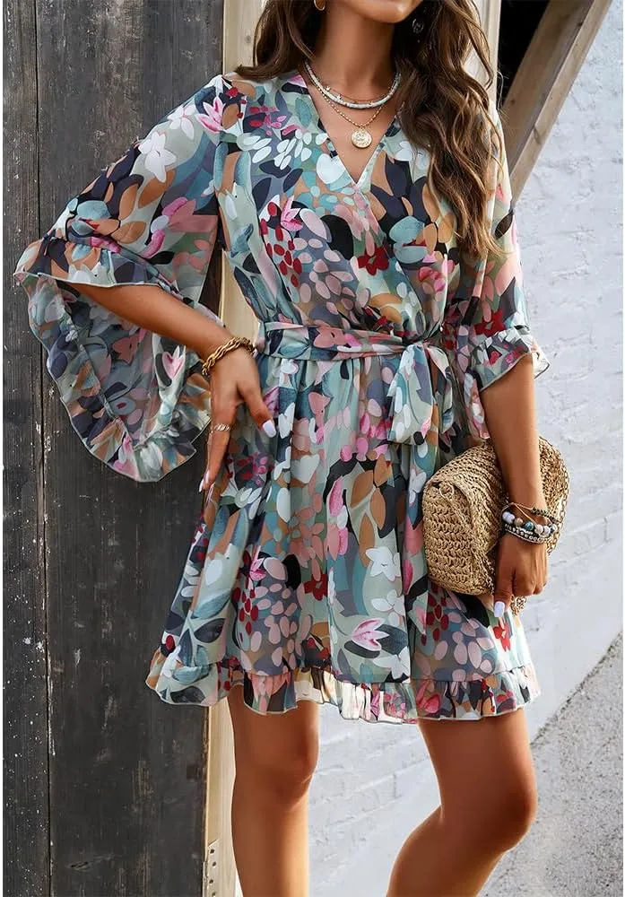 ZOCAVIA Women's Flowy Beach Dresses Floral V Neck Batwing Sleeve Boho Dress with Belt Elegant Ruffle Ruched Mini Dresses